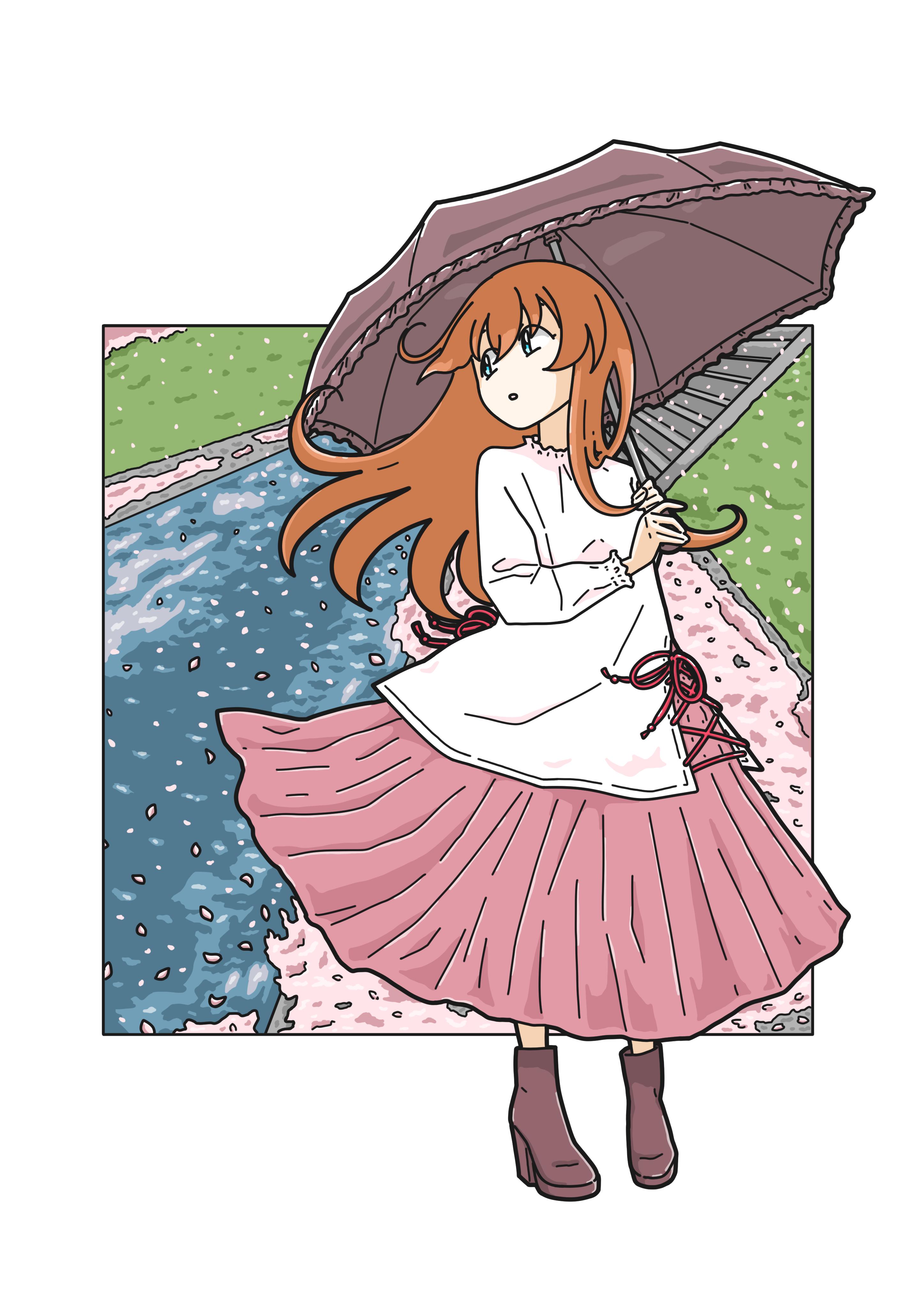 女子と桜と河川敷